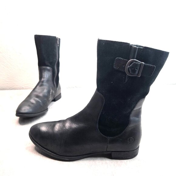 Born Equestrain Boot Sz 7 Black Suede Leather Buckle Moto Grunge Low Heel Bootie - Picture 1 of 12